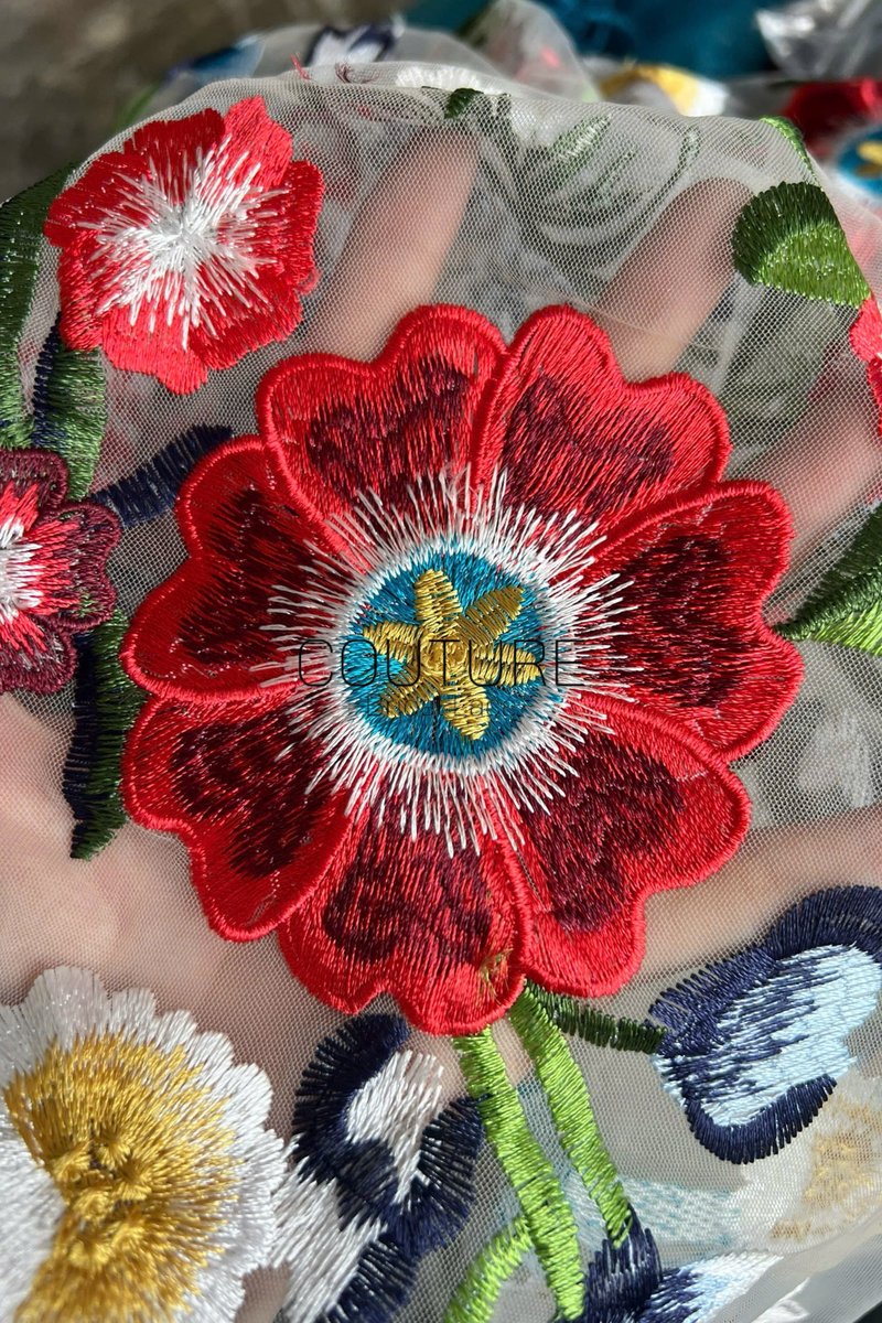 Color Lace: Vibrant Floral Garden Embroidery with Scalloped Eyelash Edge on Nude Mesh, 1 Meter