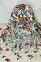 Color Lace: Vibrant Floral Garden Embroidery with Scalloped Eyelash Edge on Nude Mesh, 1 Meter