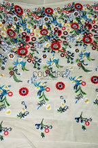 Color Lace: Vibrant Floral Garden Embroidery with Scalloped Eyelash Edge on Nude Mesh, 1 Meter
