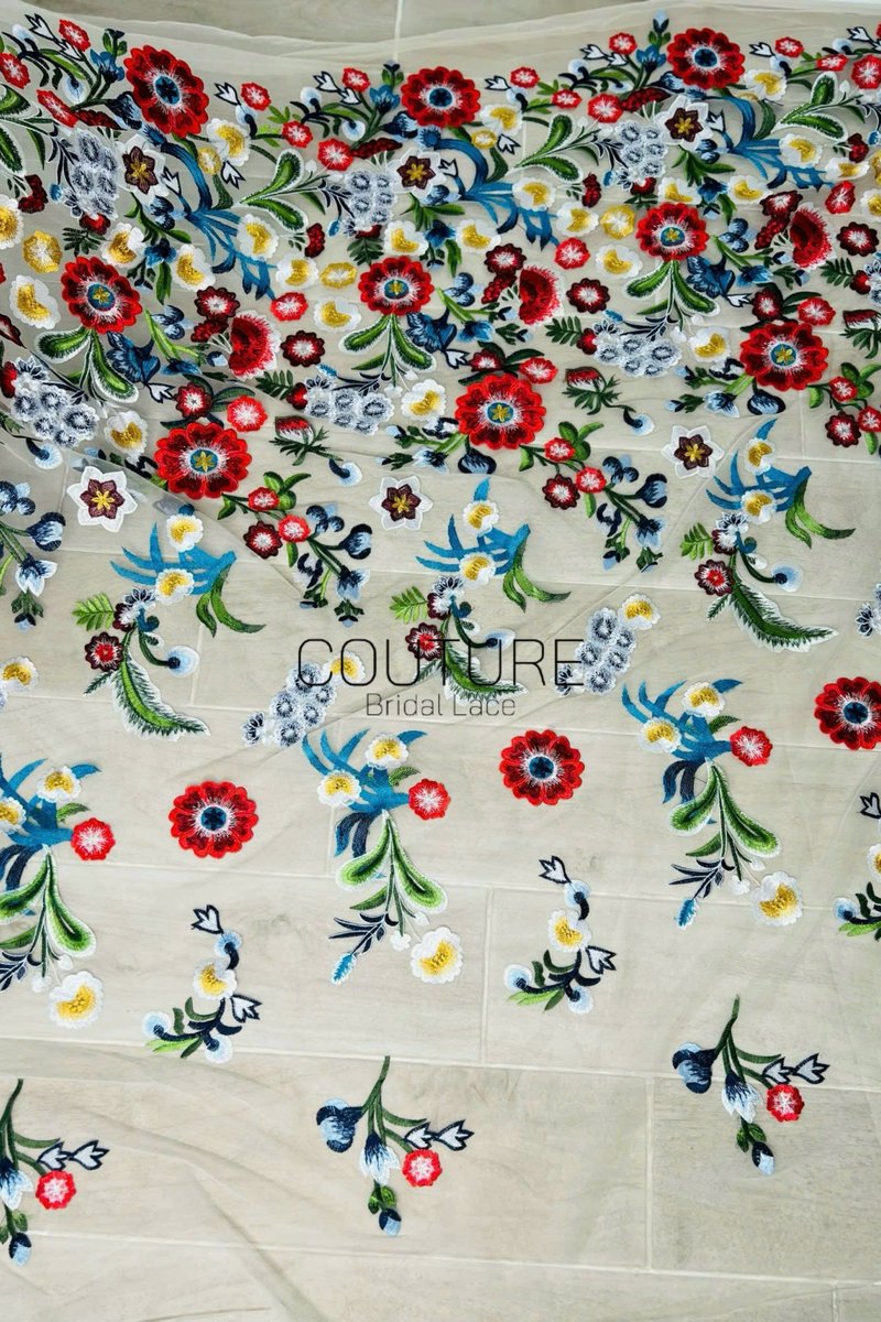 Color Lace: Vibrant Floral Garden Embroidery with Scalloped Eyelash Edge on Nude Mesh, 1 Meter