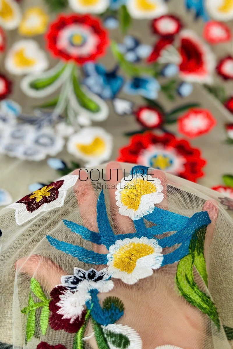 Color Lace: Vibrant Floral Garden Embroidery with Scalloped Eyelash Edge on Nude Mesh, 1 Meter