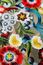 Color Lace: Vibrant Floral Garden Embroidery with Scalloped Eyelash Edge on Nude Mesh, 1 Meter
