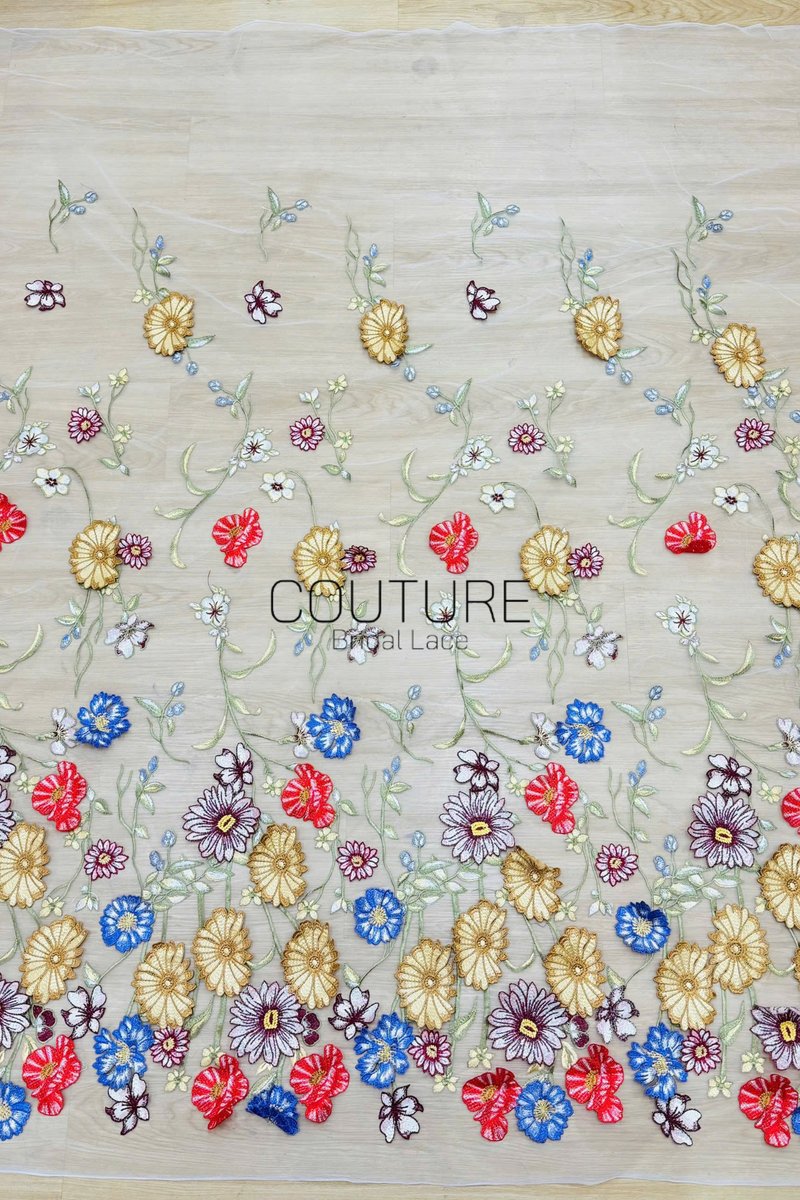 Color Lace: Vibrant Floral Garden with Delicate Embroidered Vine and Leaf Edge, 1 Meter