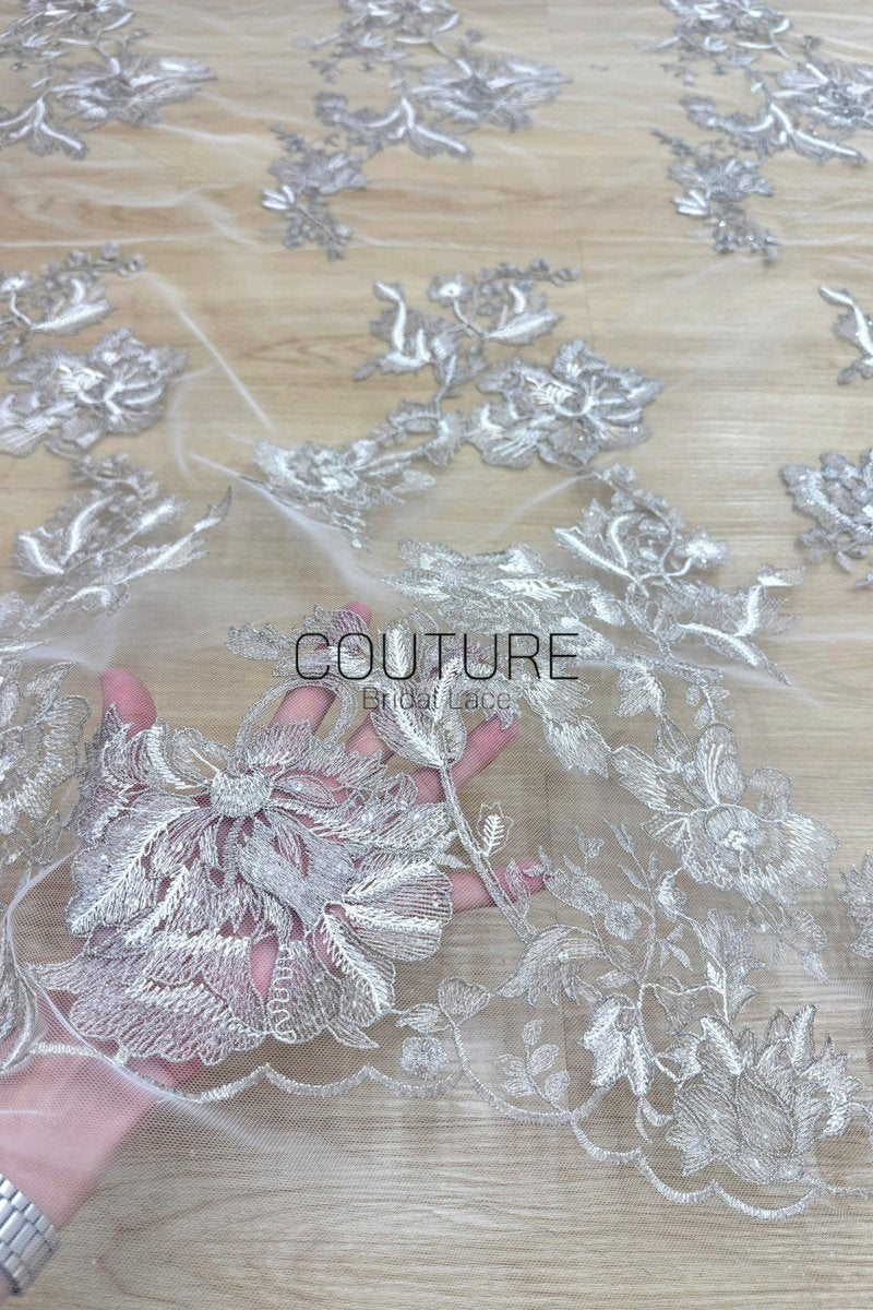 Color Lace: Floral Vine Embroidery with Scalloped Floral Edge Border, 1 Meter