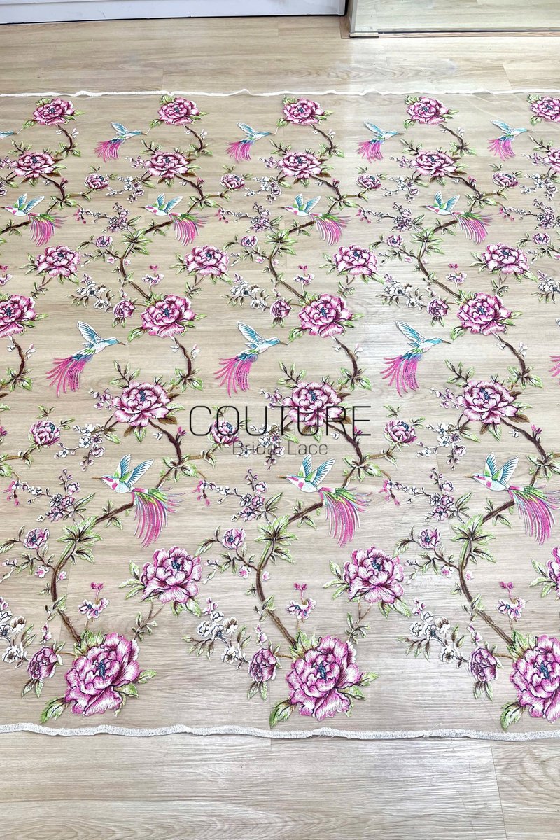 Color Lace: Taupe Red Floral Hummingbird Embroidery with Delicate Scalloped Eyelash Fringe Edge, 1 Meter