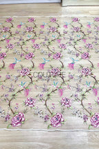 Color Lace: Taupe Red Floral Hummingbird Embroidery with Delicate Scalloped Eyelash Fringe Edge, 1 Meter