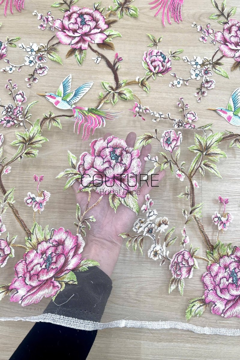 Color Lace: Taupe Red Floral Hummingbird Embroidery with Delicate Scalloped Eyelash Fringe Edge, 1 Meter