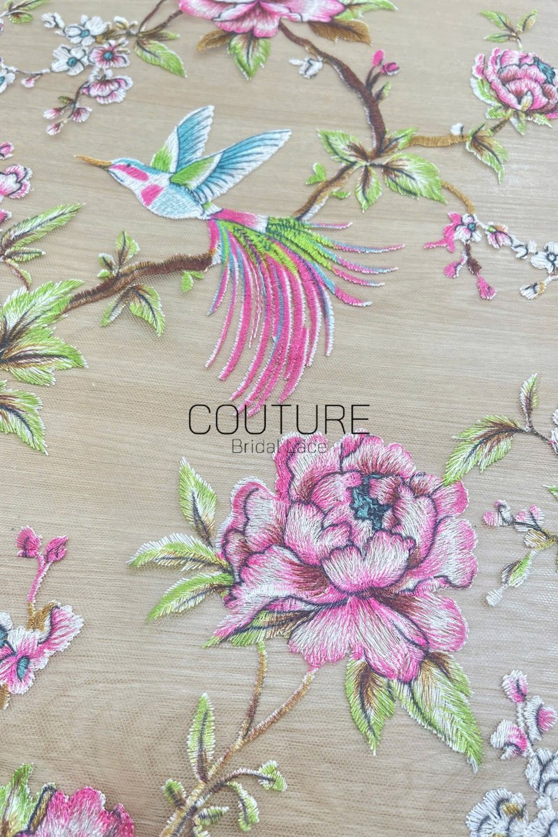 Color Lace: Taupe Red Floral Hummingbird Embroidery with Delicate Scalloped Eyelash Fringe Edge, 1 Meter