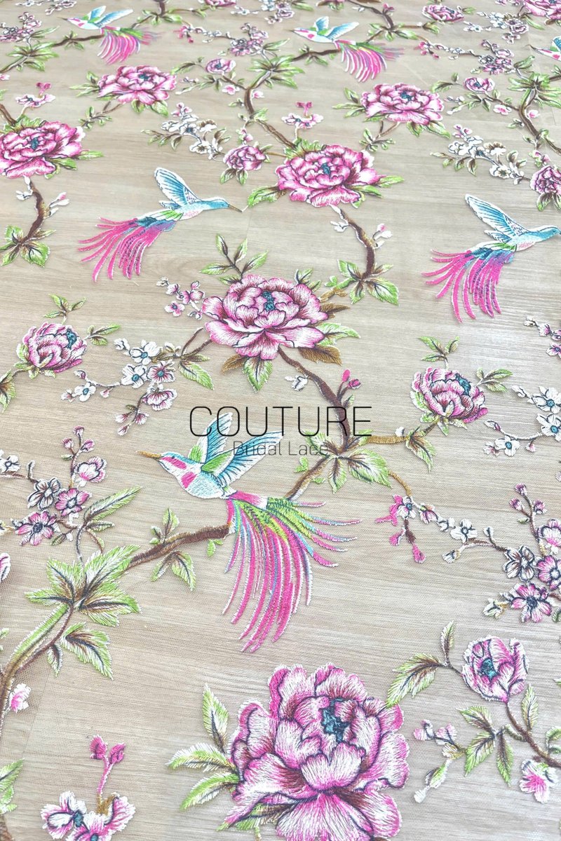 Color Lace: Taupe Red Floral Hummingbird Embroidery with Delicate Scalloped Eyelash Fringe Edge, 1 Meter