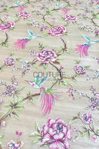 Color Lace: Taupe Red Floral Hummingbird Embroidery with Delicate Scalloped Eyelash Fringe Edge, 1 Meter