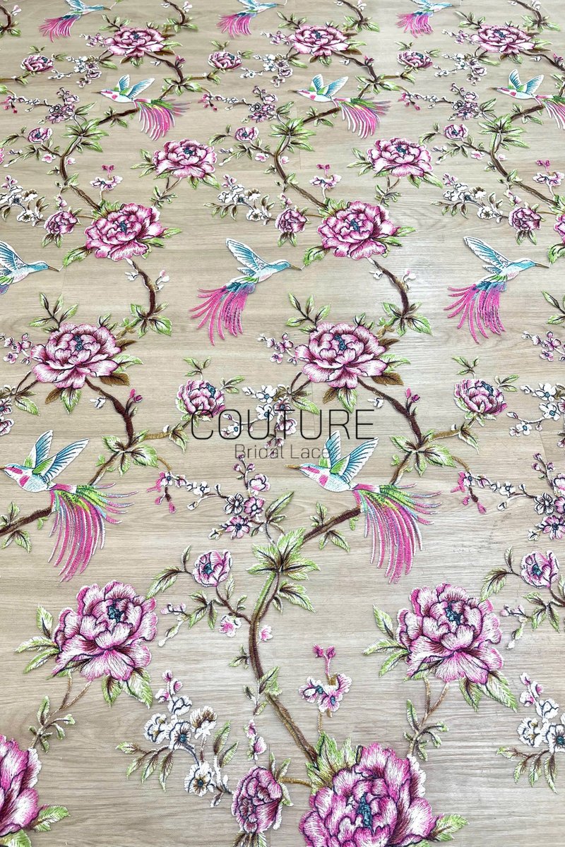 Color Lace: Taupe Red Floral Hummingbird Embroidery with Delicate Scalloped Eyelash Fringe Edge, 1 Meter