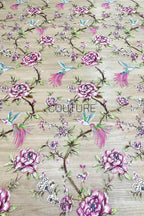 Color Lace: Taupe Red Floral Hummingbird Embroidery with Delicate Scalloped Eyelash Fringe Edge, 1 Meter