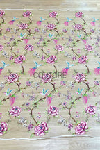 Color Lace: Taupe Red Floral Hummingbird Embroidery with Delicate Scalloped Eyelash Fringe Edge, 1 Meter