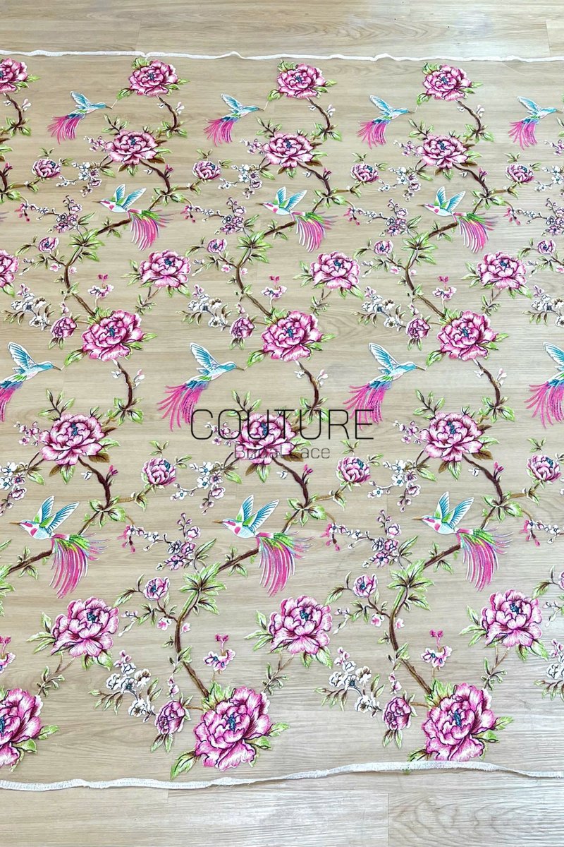 Color Lace: Taupe Red Floral Hummingbird Embroidery with Delicate Scalloped Eyelash Fringe Edge, 1 Meter