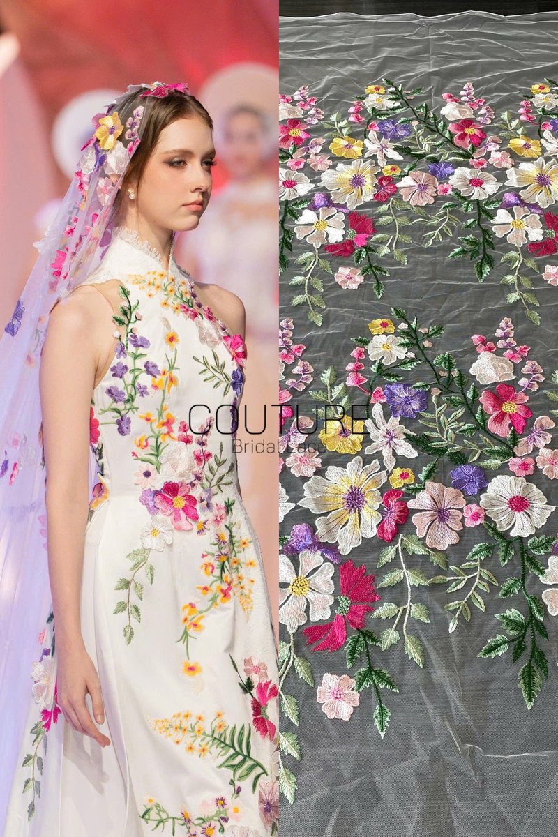 Color Lace: Floral Botanical Garden with Scattered Blooms and Trailing Vines Border, 1 Meter