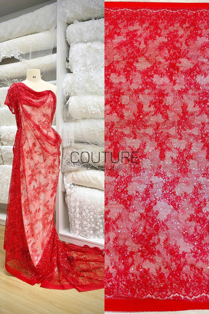 Color Lace: Red Floral Lace Overlay with Sequin Embellished Scalloped Border Edge, 3 Meters