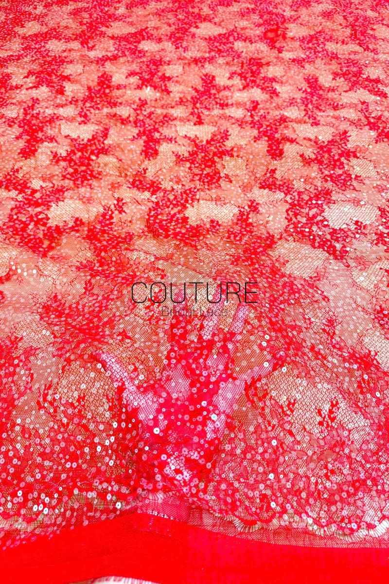 Color Lace: Red Floral Lace Overlay with Sequin Embellished Scalloped Border Edge, 3 Meters