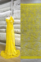 Color Lace: Yellow Delicate Floral Vine Branches with Scalloped Edge and Scattered Sequins, 3 Meters