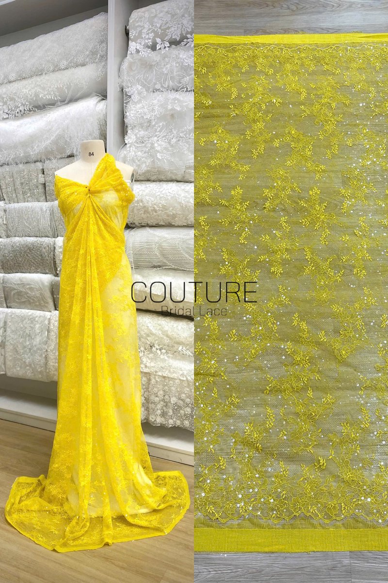Color Lace: Yellow Delicate Floral Vine Branches with Scalloped Edge and Scattered Sequins, 3 Meters