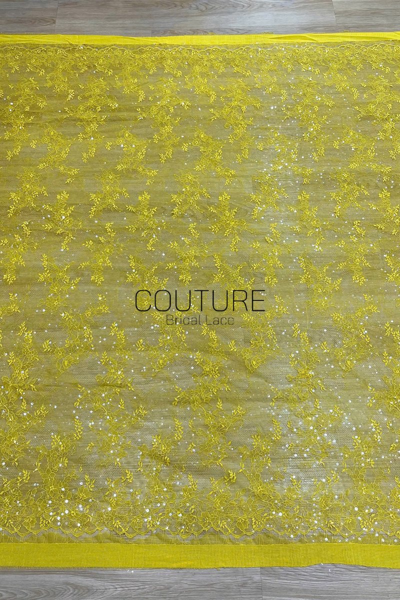 Color Lace: Yellow Delicate Floral Vine Branches with Scalloped Edge and Scattered Sequins, 3 Meters