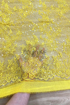Color Lace: Yellow Delicate Floral Vine Branches with Scalloped Edge and Scattered Sequins, 3 Meters