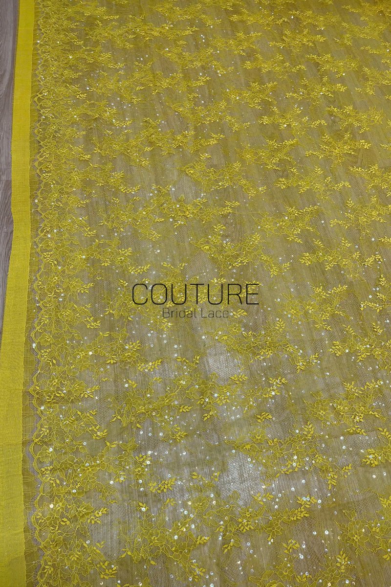 Color Lace: Yellow Delicate Floral Vine Branches with Scalloped Edge and Scattered Sequins, 3 Meters