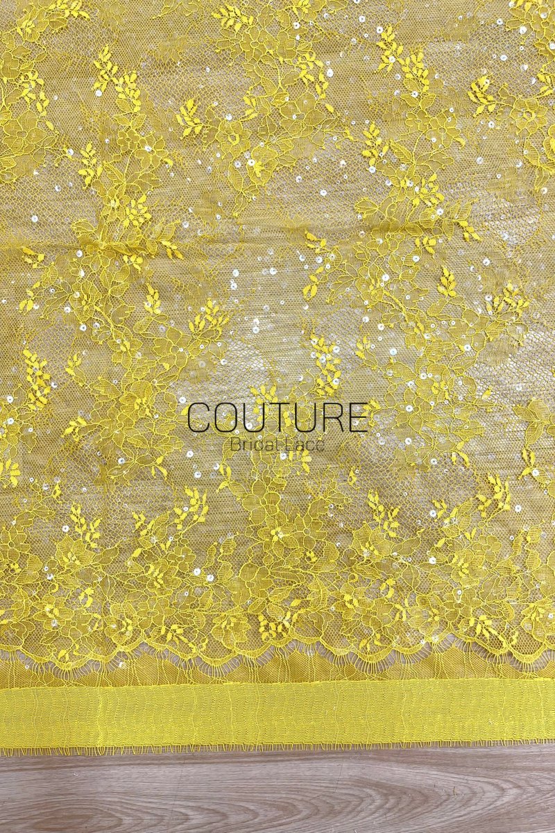 Color Lace: Yellow Delicate Floral Vine Branches with Scalloped Edge and Scattered Sequins, 3 Meters