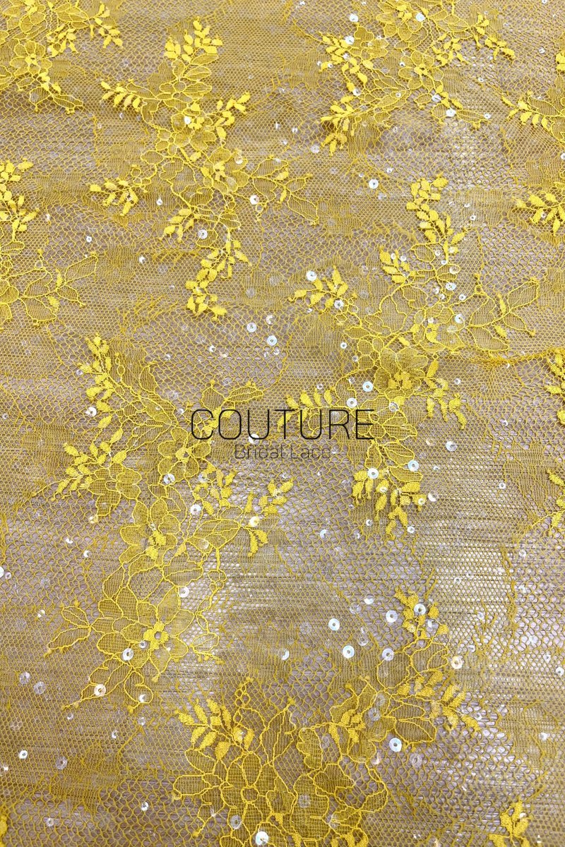 Color Lace: Yellow Delicate Floral Vine Branches with Scalloped Edge and Scattered Sequins, 3 Meters