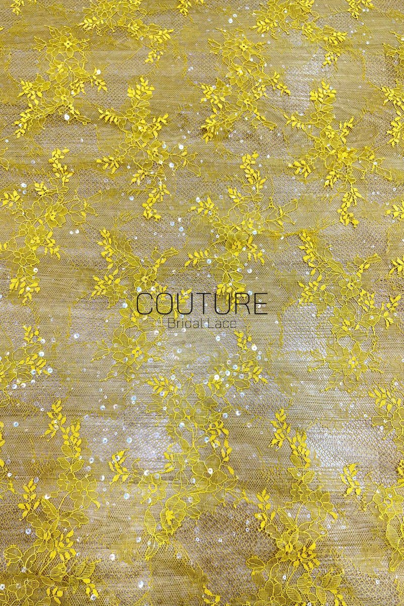 Color Lace: Yellow Delicate Floral Vine Branches with Scalloped Edge and Scattered Sequins, 3 Meters