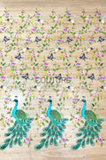 Color Lace: Peacock Floral Embroidery with Scattered Birds and Botanical Border, 1 Meter