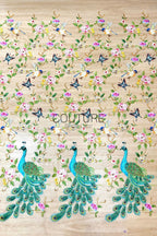 Color Lace: Peacock Floral Embroidery with Scattered Birds and Botanical Border, 1 Meter