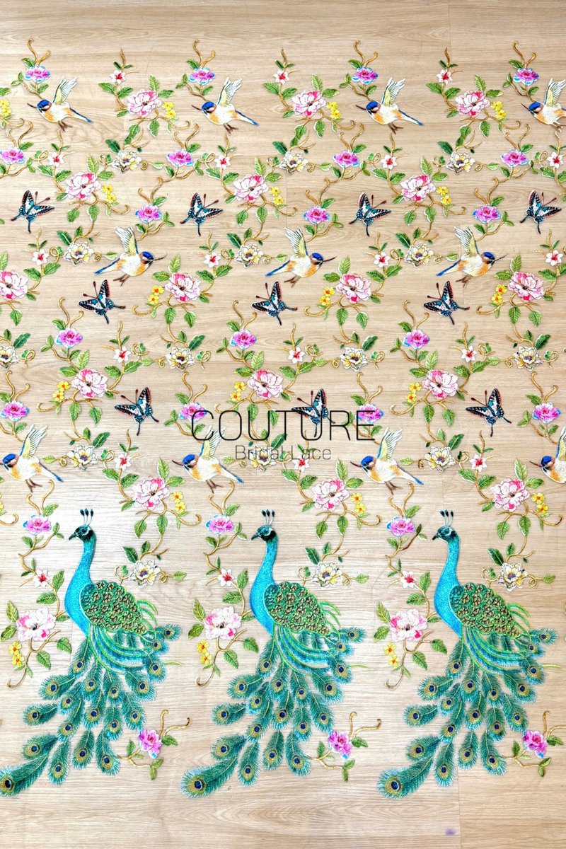 Color Lace: Peacock Floral Embroidery with Scattered Birds and Botanical Border, 1 Meter