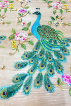 Color Lace: Peacock Floral Embroidery with Scattered Birds and Botanical Border, 1 Meter