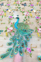 Color Lace: Peacock Floral Embroidery with Scattered Birds and Botanical Border, 1 Meter