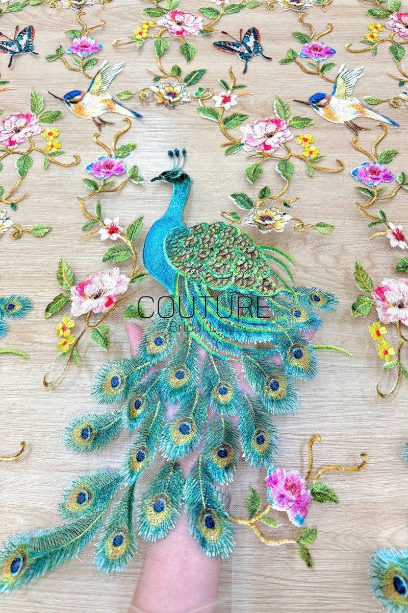 Color Lace: Peacock Floral Embroidery with Scattered Birds and Botanical Border, 1 Meter