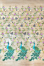 Color Lace: Peacock Floral Embroidery with Scattered Birds and Botanical Border, 1 Meter