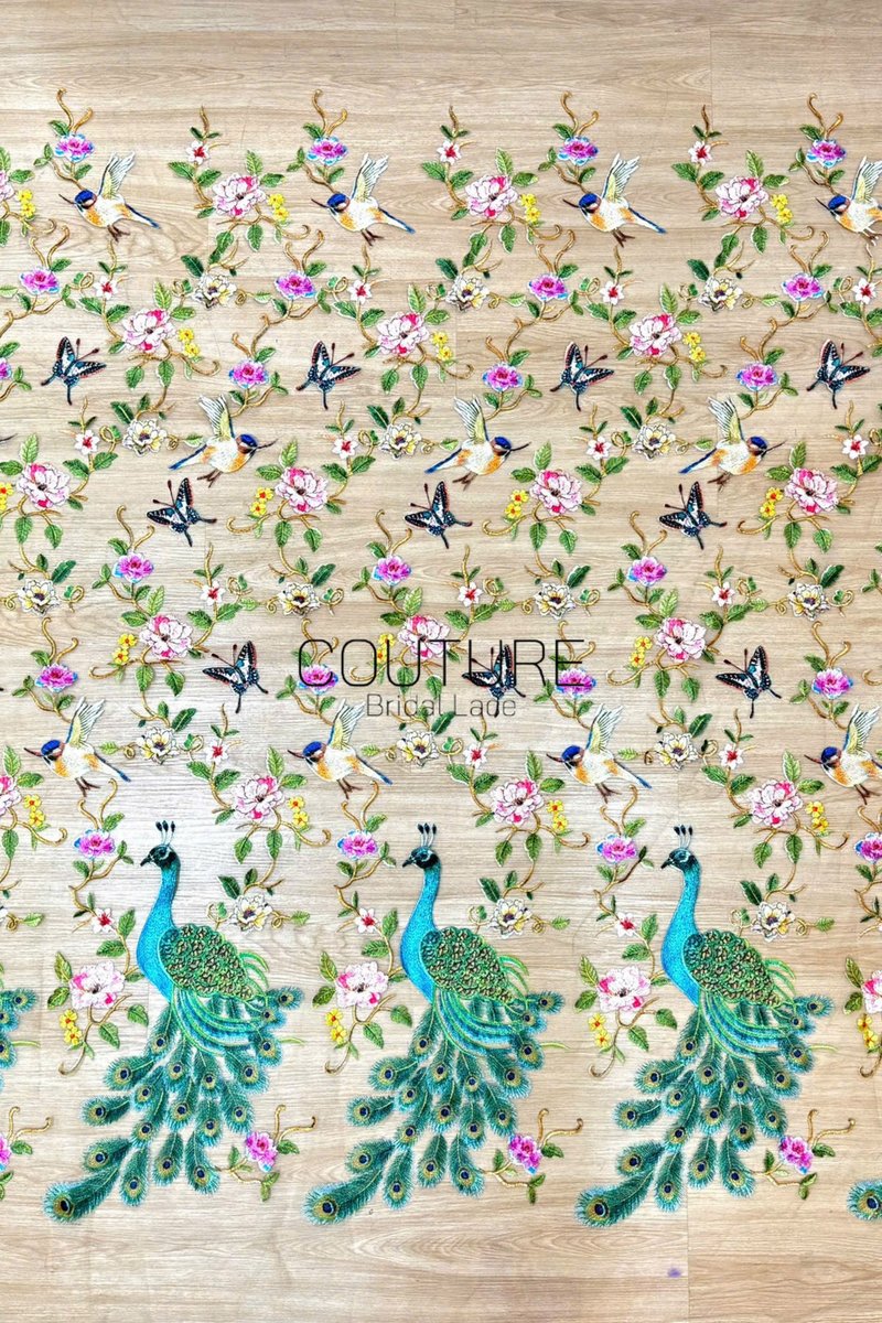Color Lace: Peacock Floral Embroidery with Scattered Birds and Botanical Border, 1 Meter