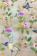 Color Lace: Peacock Floral Embroidery with Scattered Birds and Botanical Border, 1 Meter