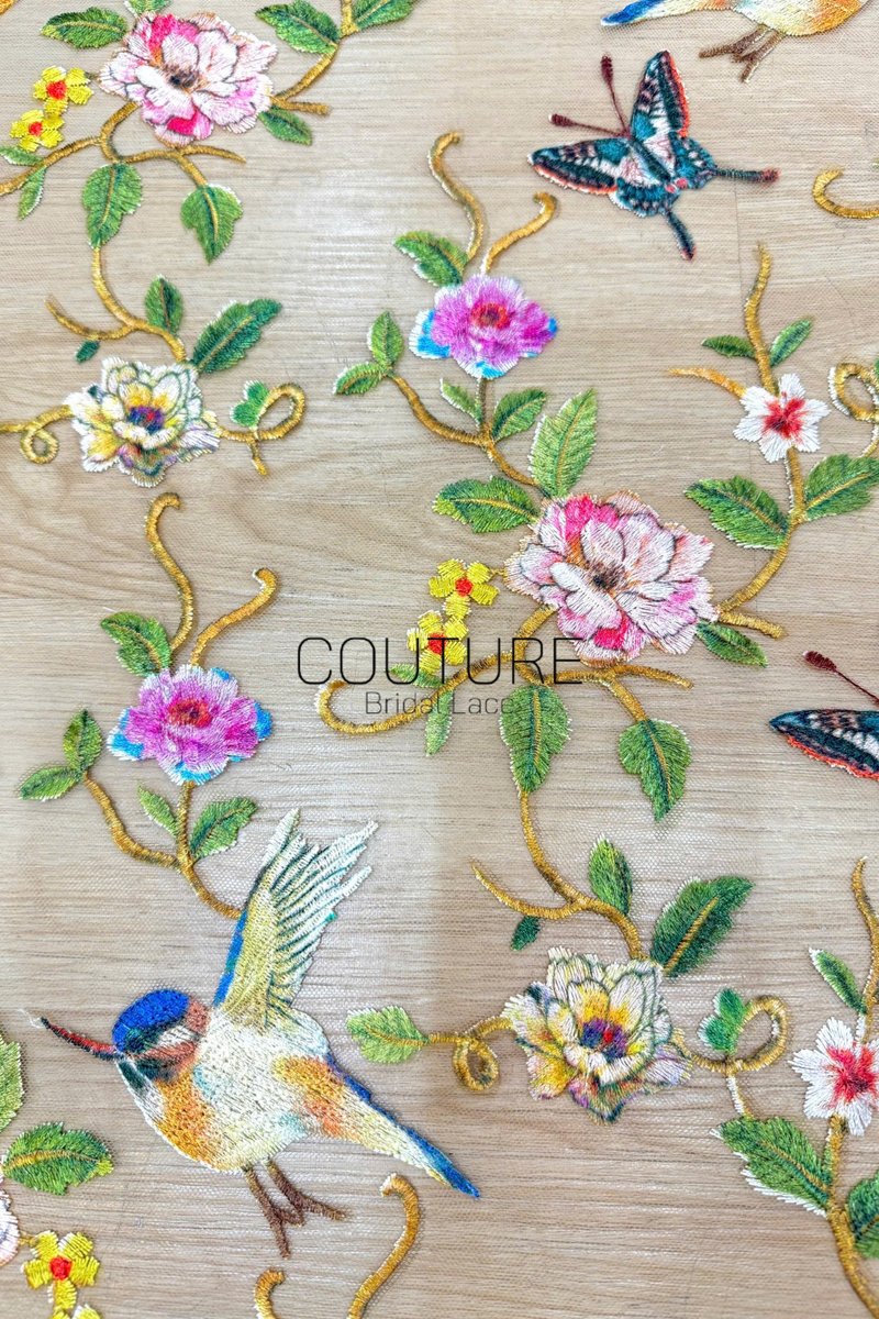 Color Lace: Peacock Floral Embroidery with Scattered Birds and Botanical Border, 1 Meter