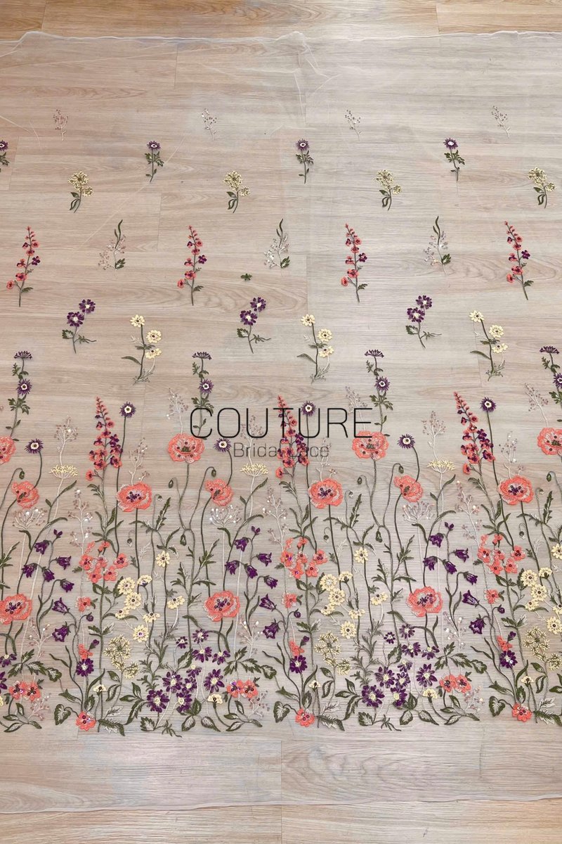 Color Lace: Blush Pink Tulle with Embroidered Wildflower Meadow of Poppies, Bellflowers and Daisies, 1 Meter
