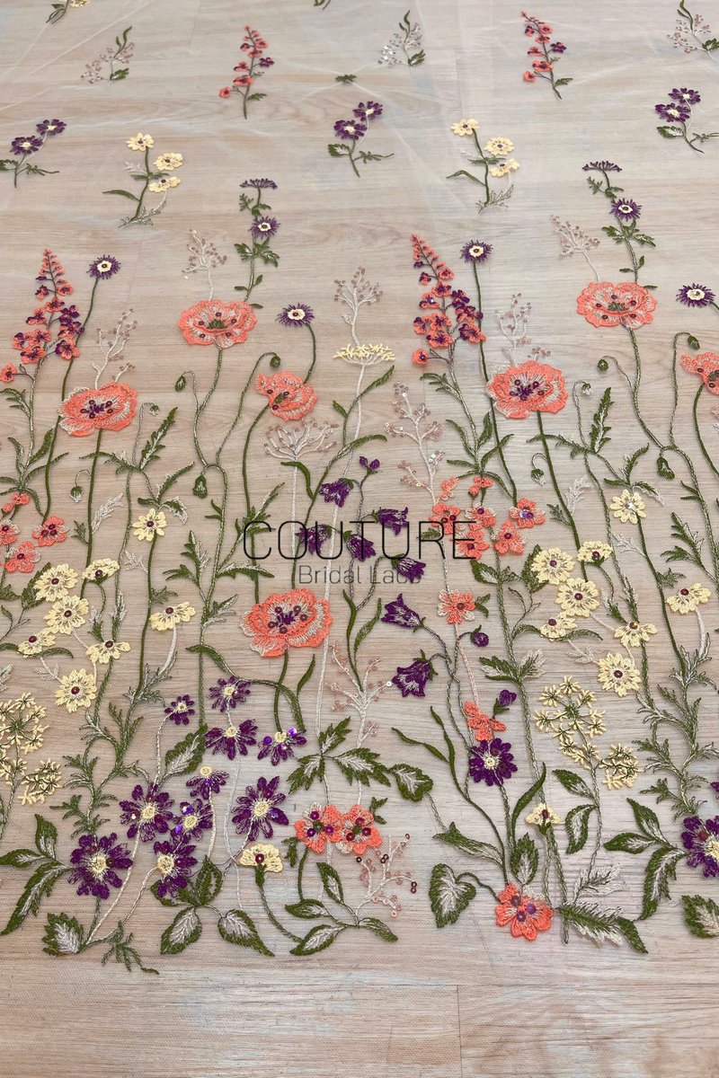 Color Lace: Blush Pink Tulle with Embroidered Wildflower Meadow of Poppies, Bellflowers and Daisies, 1 Meter