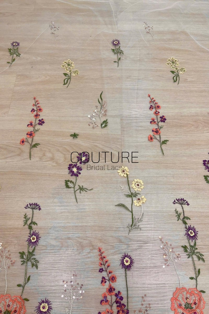 Color Lace: Blush Pink Tulle with Embroidered Wildflower Meadow of Poppies, Bellflowers and Daisies, 1 Meter