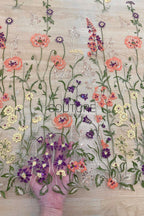 Color Lace: Blush Pink Tulle with Embroidered Wildflower Meadow of Poppies, Bellflowers and Daisies, 1 Meter