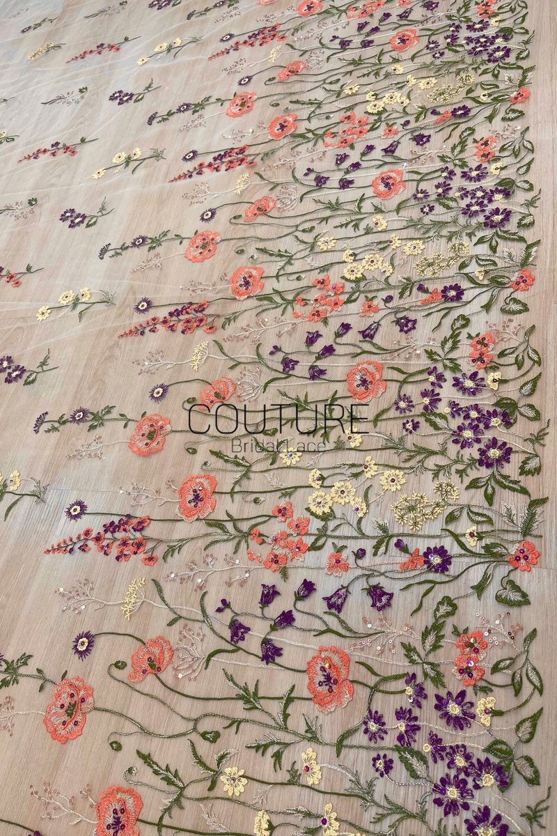 Color Lace: Blush Pink Tulle with Embroidered Wildflower Meadow of Poppies, Bellflowers and Daisies, 1 Meter