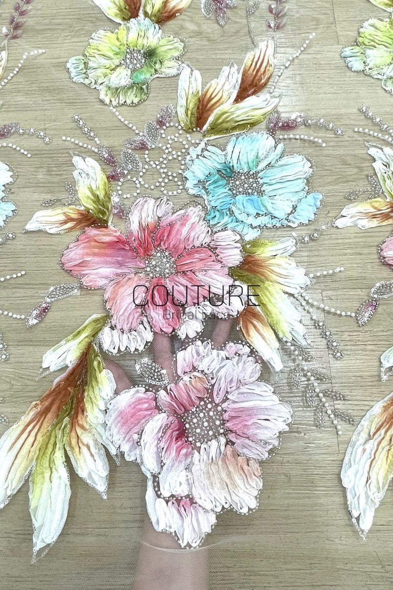 Color Lace: Floral Daisy Blooms with Scattered Silver Beaded Scalloped Border, 1 Meter