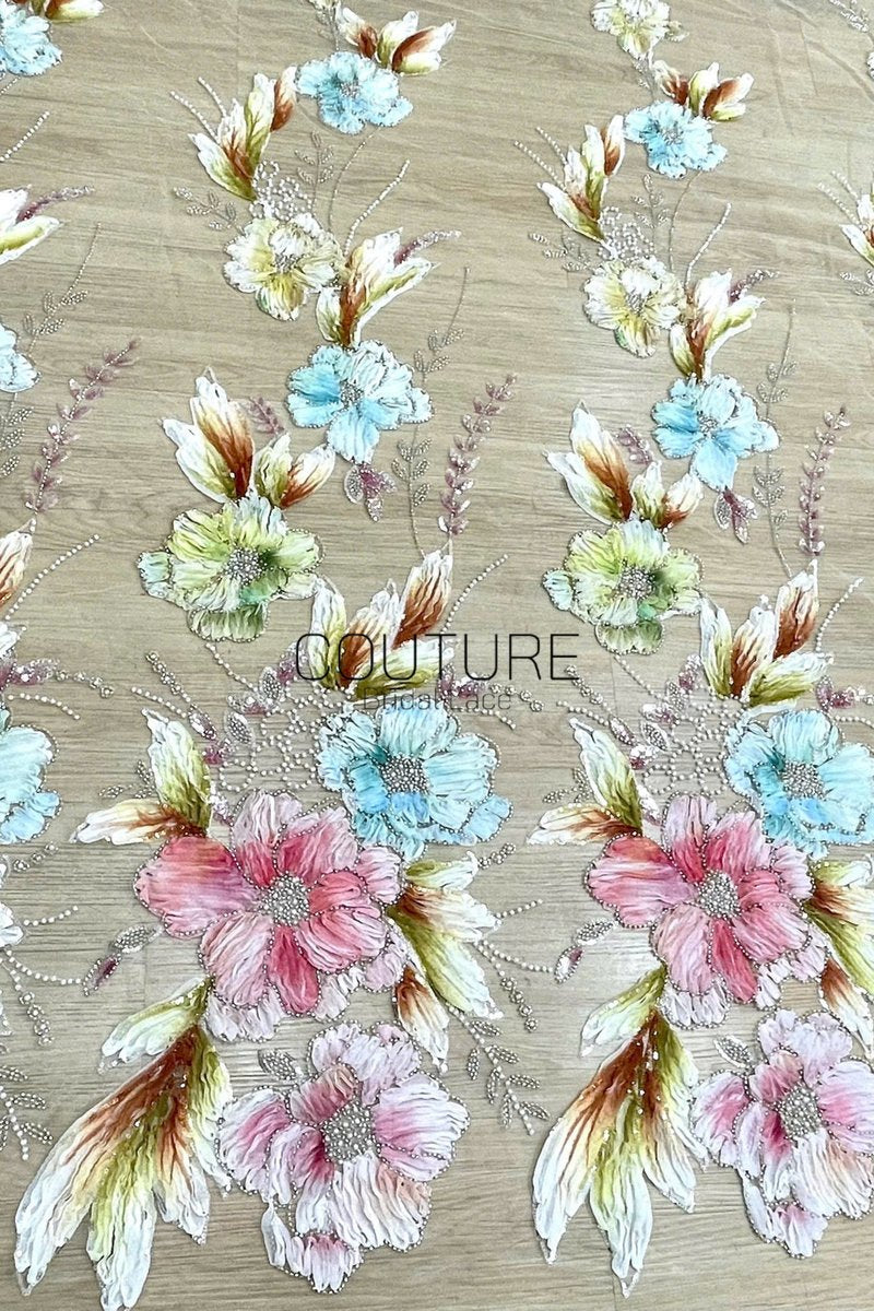 Color Lace: Floral Daisy Blooms with Scattered Silver Beaded Scalloped Border, 1 Meter