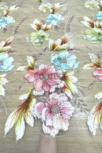 Color Lace: Floral Daisy Blooms with Scattered Silver Beaded Scalloped Border, 1 Meter