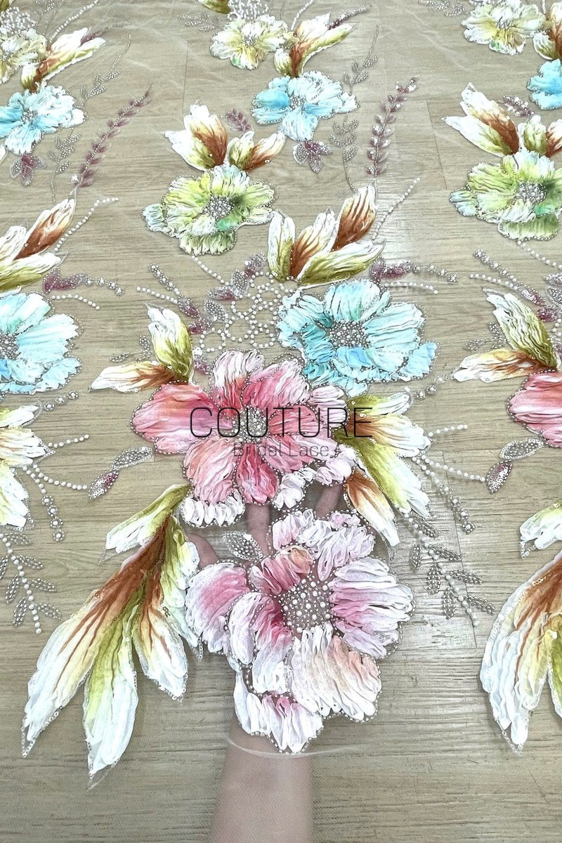 Color Lace: Floral Daisy Blooms with Scattered Silver Beaded Scalloped Border, 1 Meter