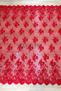Color Lace: Red Scattered Floral Bouquets with Ornate Scalloped Floral Lace Edge, 3 Meters