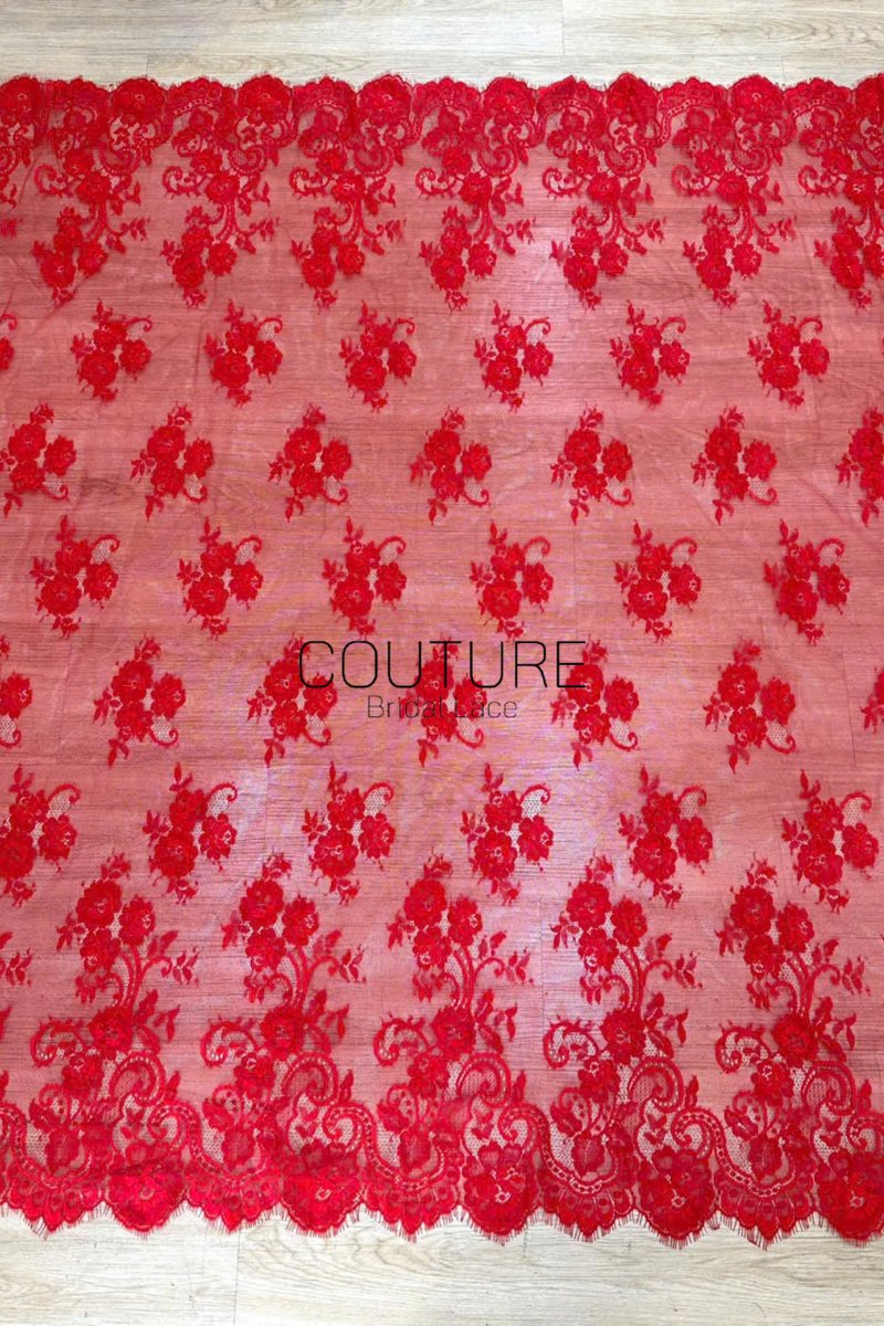Color Lace: Red Scattered Floral Bouquets with Ornate Scalloped Floral Lace Edge, 3 Meters